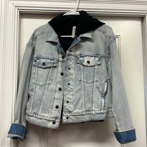Athleta denim jacket with removable black fleece hoodie